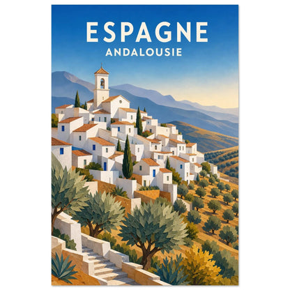 Affiche Espagne – Andalousie, gouache de voyage aux volumes découpés et à l'esthétique moderniste verticale, format 40 × 60 cm