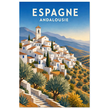 Affiche Espagne – Andalousie, gouache de voyage aux volumes découpés et à l'esthétique moderniste verticale, format 60 × 90 cm