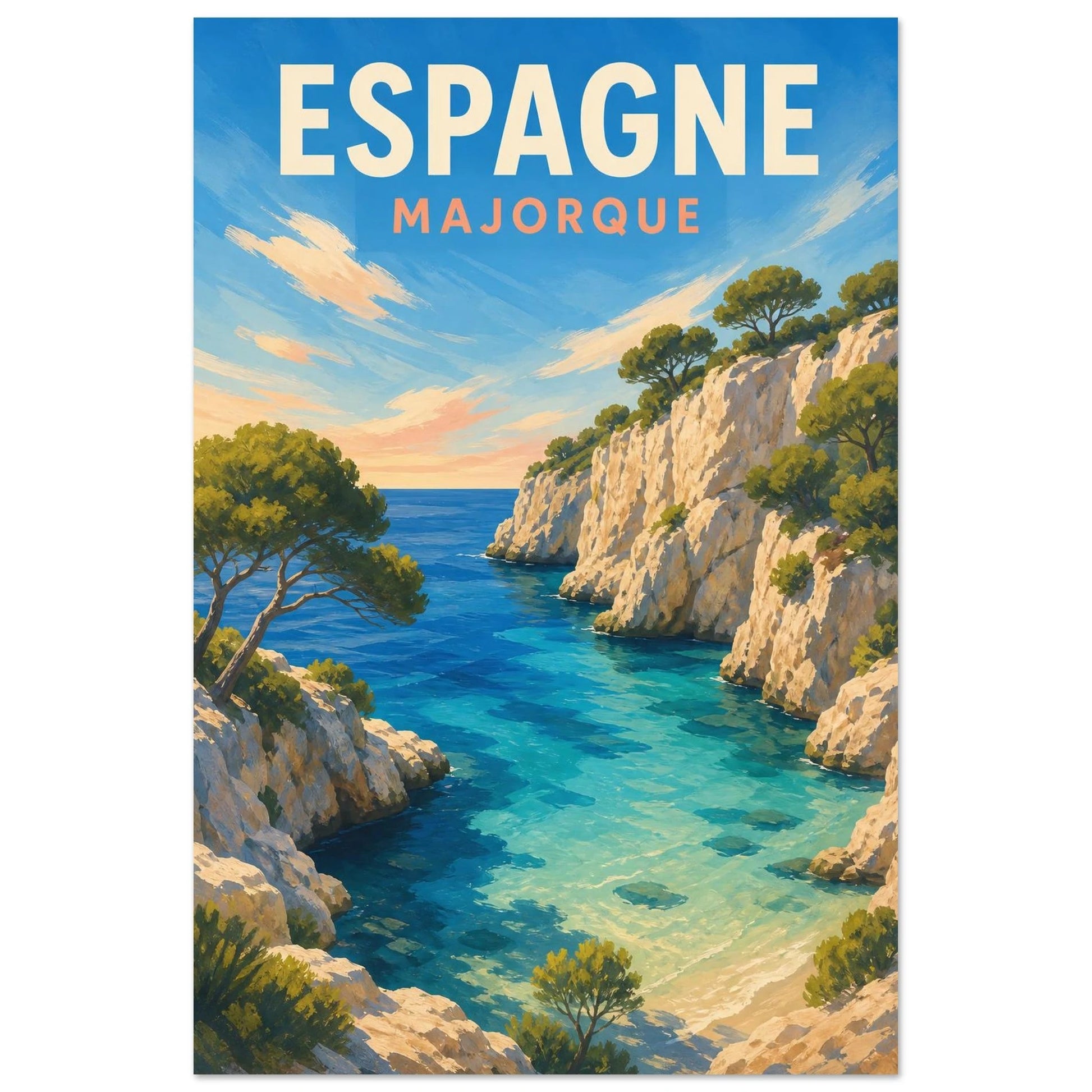 Affiche Espagne – Majorque, affiche de voyage picturale, néo-rétro, avec une texture de gouache visible verticale, format 30 × 45 cm