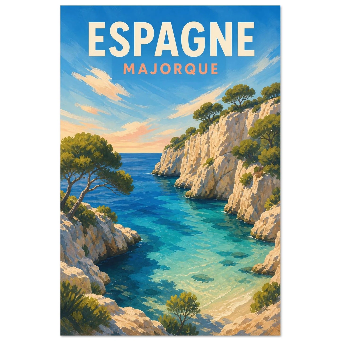 Affiche Espagne – Majorque, affiche de voyage picturale, néo-rétro, avec une texture de gouache visible verticale, format 60 × 90 cm