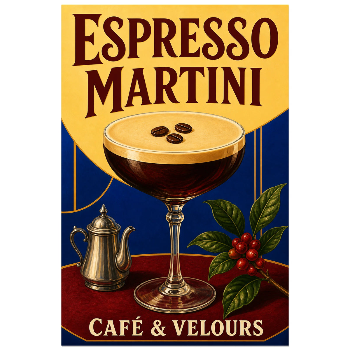 Affiche Espresso martini, café et velours, nature morte illustrée de café-bar rétro avec lettrage à empattements verticale, format 30 × 45 cm