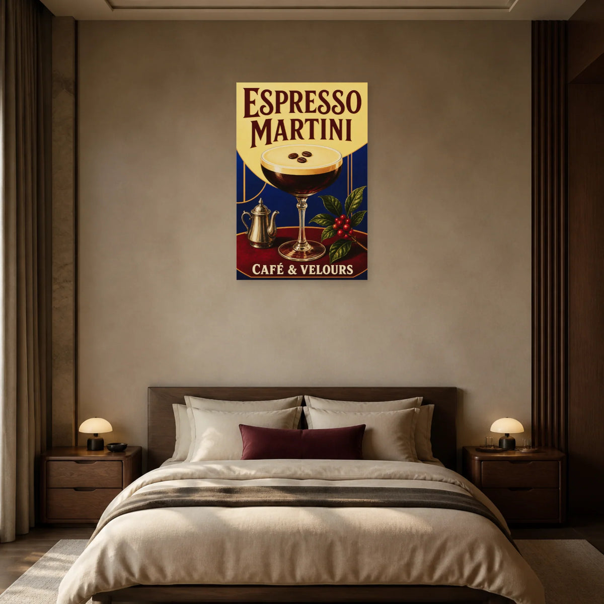 Affiche Espresso martini, café et velours dans une chambre - Art Virtuoso
