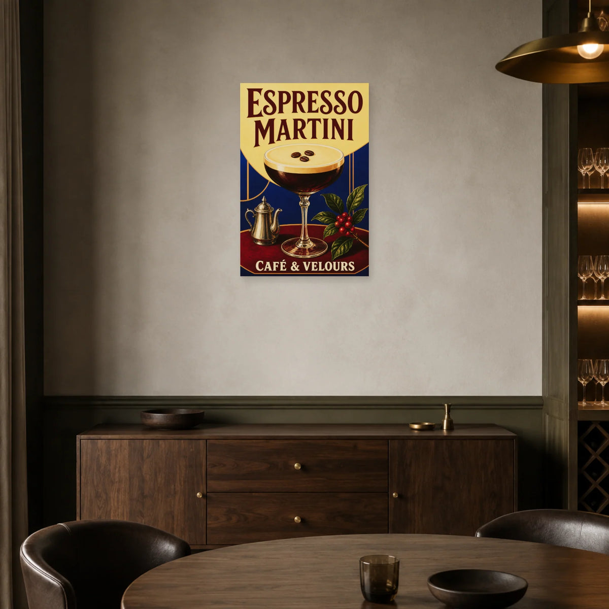 Affiche Espresso martini, café et velours dans une salle à manger - Art Virtuoso