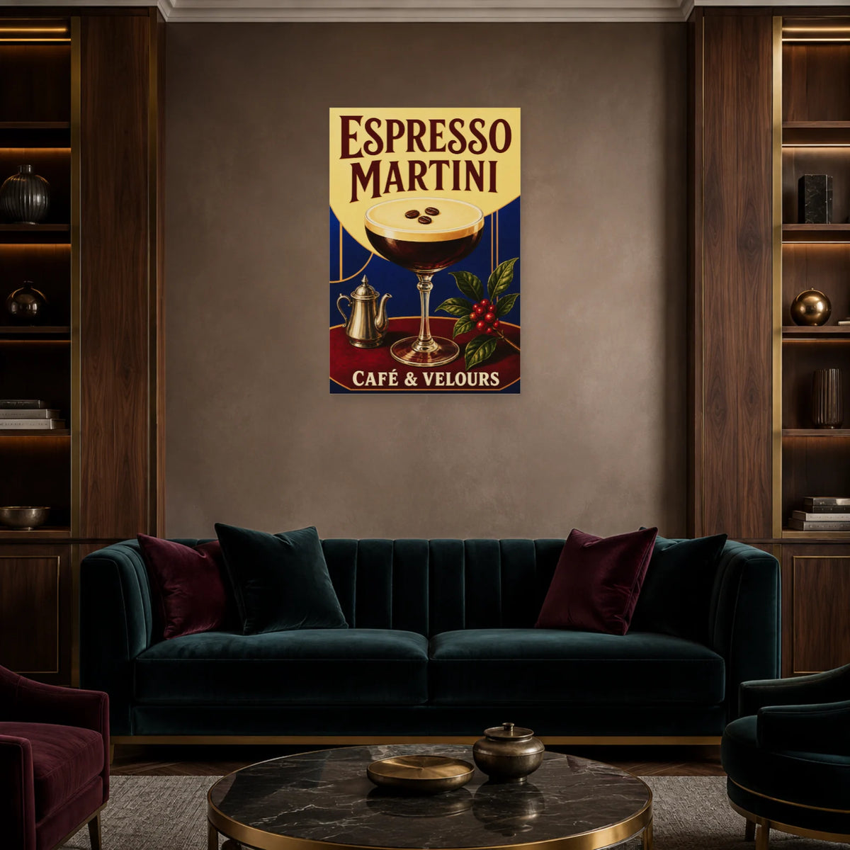 Affiche Espresso martini, café et velours dans un salon - Art Virtuoso