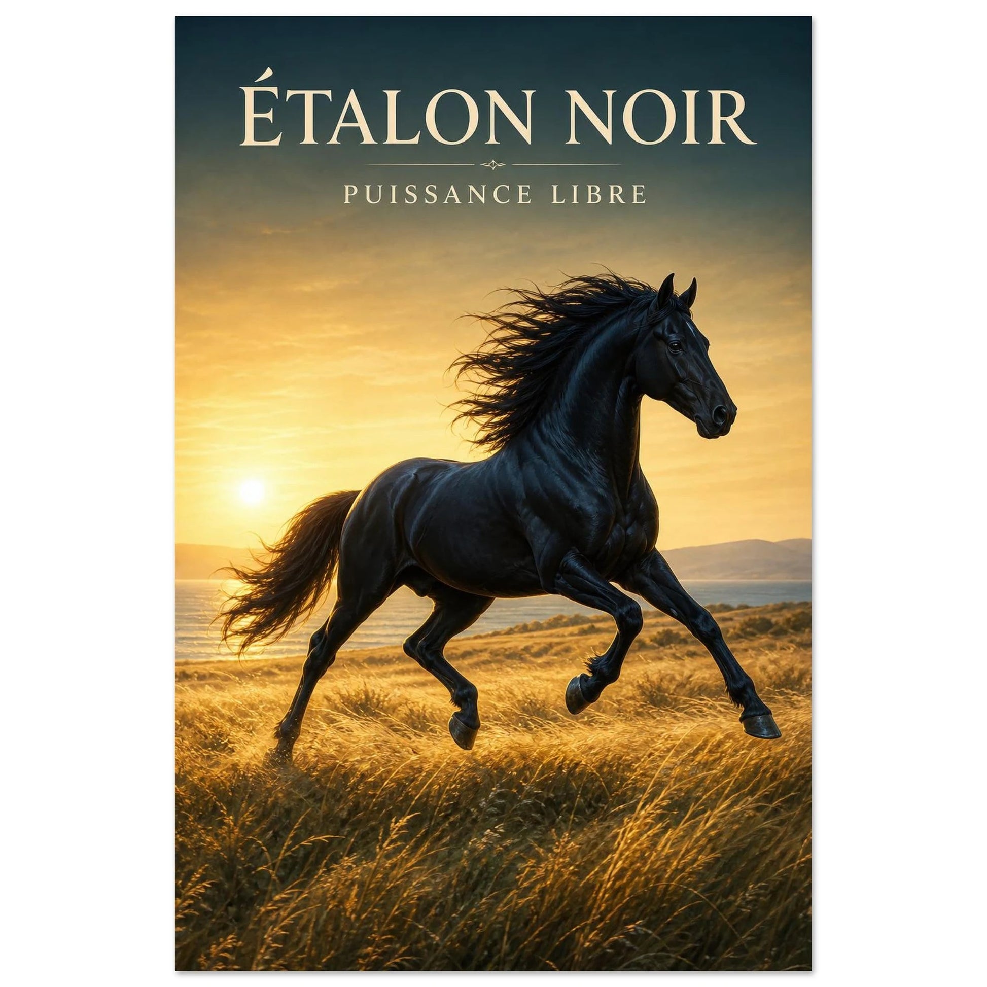 Affiche Étalon Noir – Puissance Libre, illustration éditoriale verticale, format 30 × 45 cm