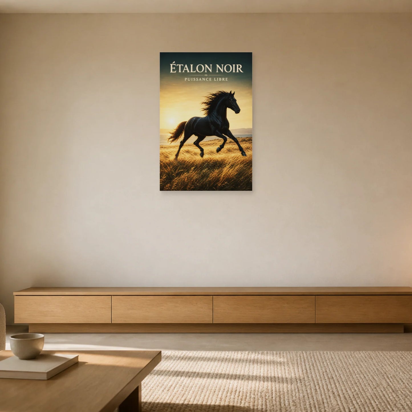 Affiche Étalon Noir – Puissance Libre dans un salon - Art Virtuoso