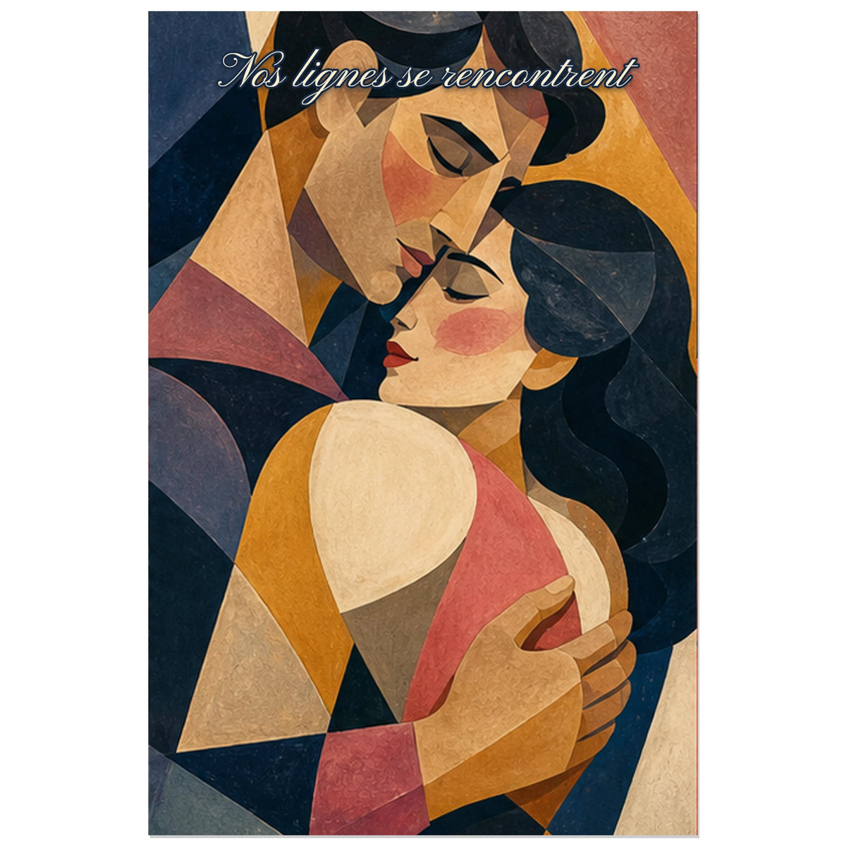 Affiche Nos lignes se rencontrent - Étreinte cubiste, étreinte abstraite construite en plans cubistes doux verticale, format 40 × 60 cm