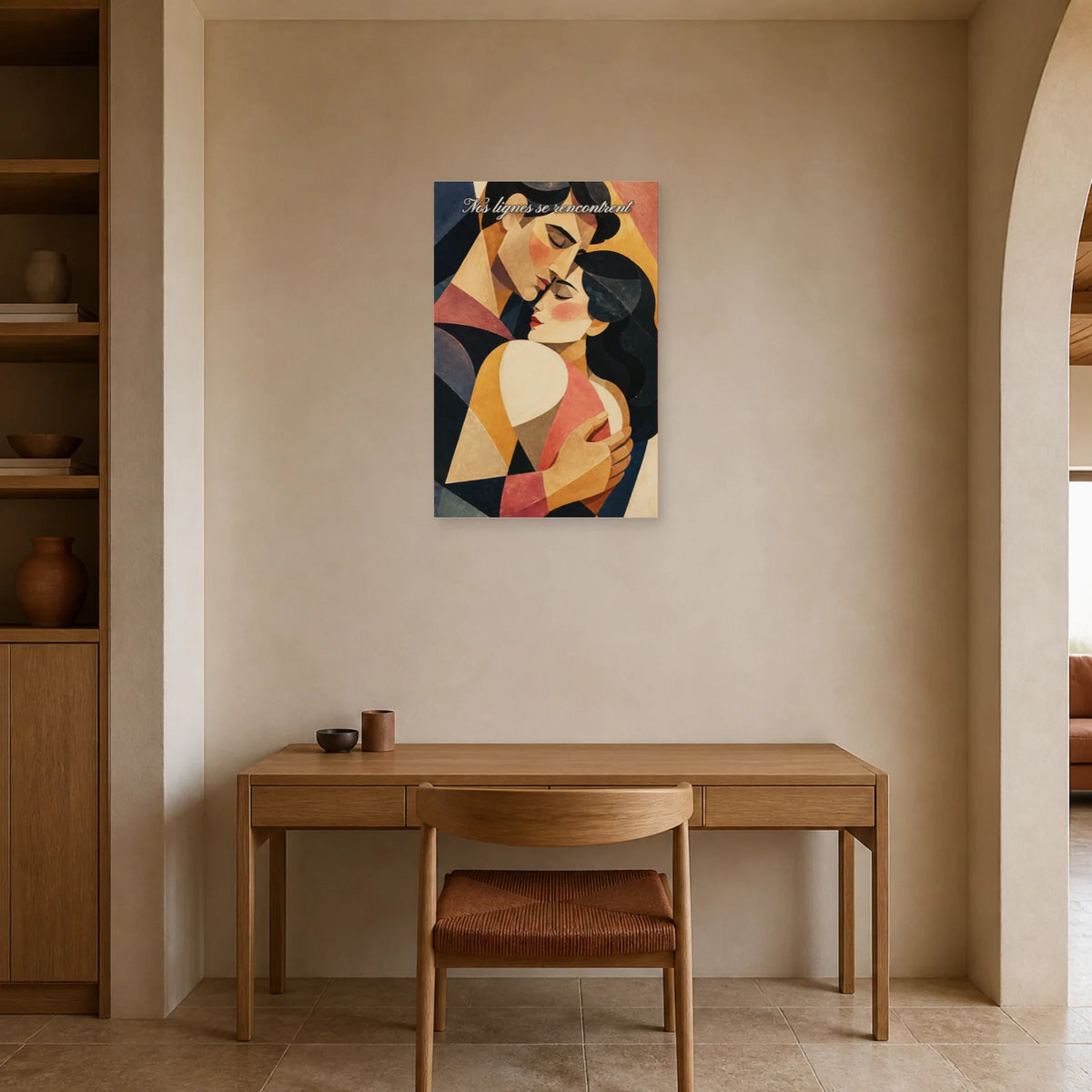 Affiche Nos lignes se rencontrent - Étreinte cubiste dans un bureau - Art Virtuoso