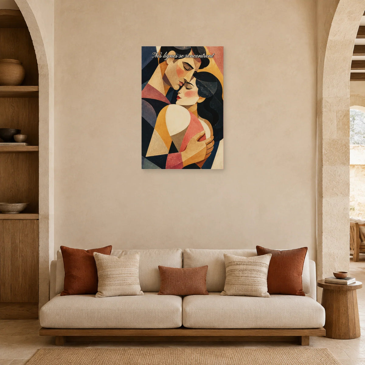 Affiche Nos lignes se rencontrent - Étreinte cubiste dans un salon - Art Virtuoso