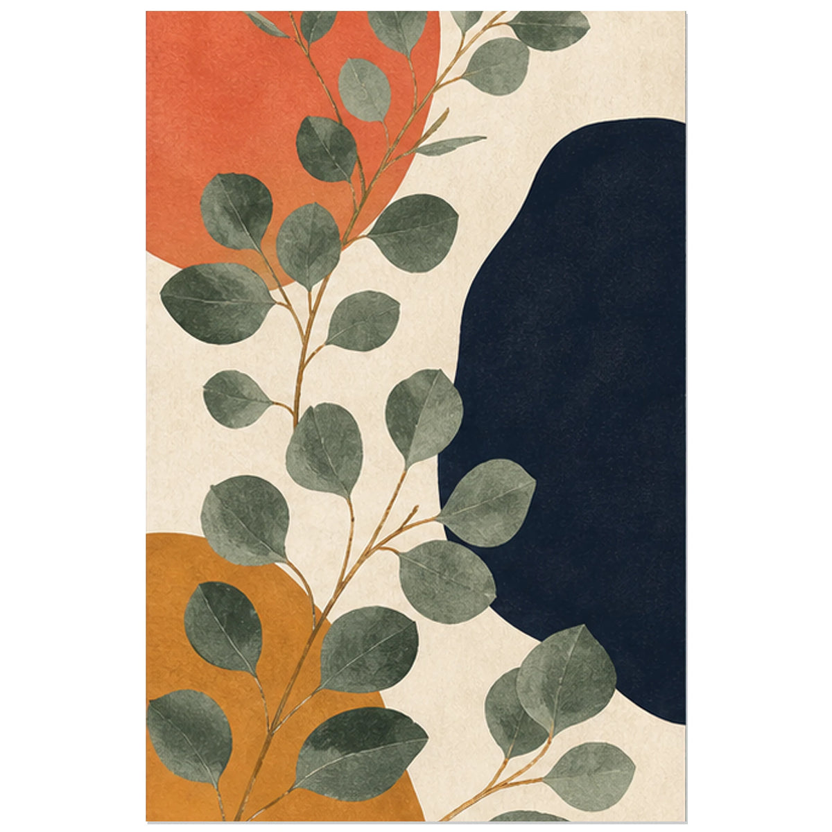 Feuilles rondes devant aplats organiques, affiche 40 × 60 cm