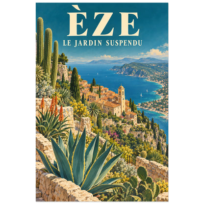 Affiche Èze - Le jardin suspendu, illustration peinte / affiche de voyage rétro verticale, format 30 × 45 cm