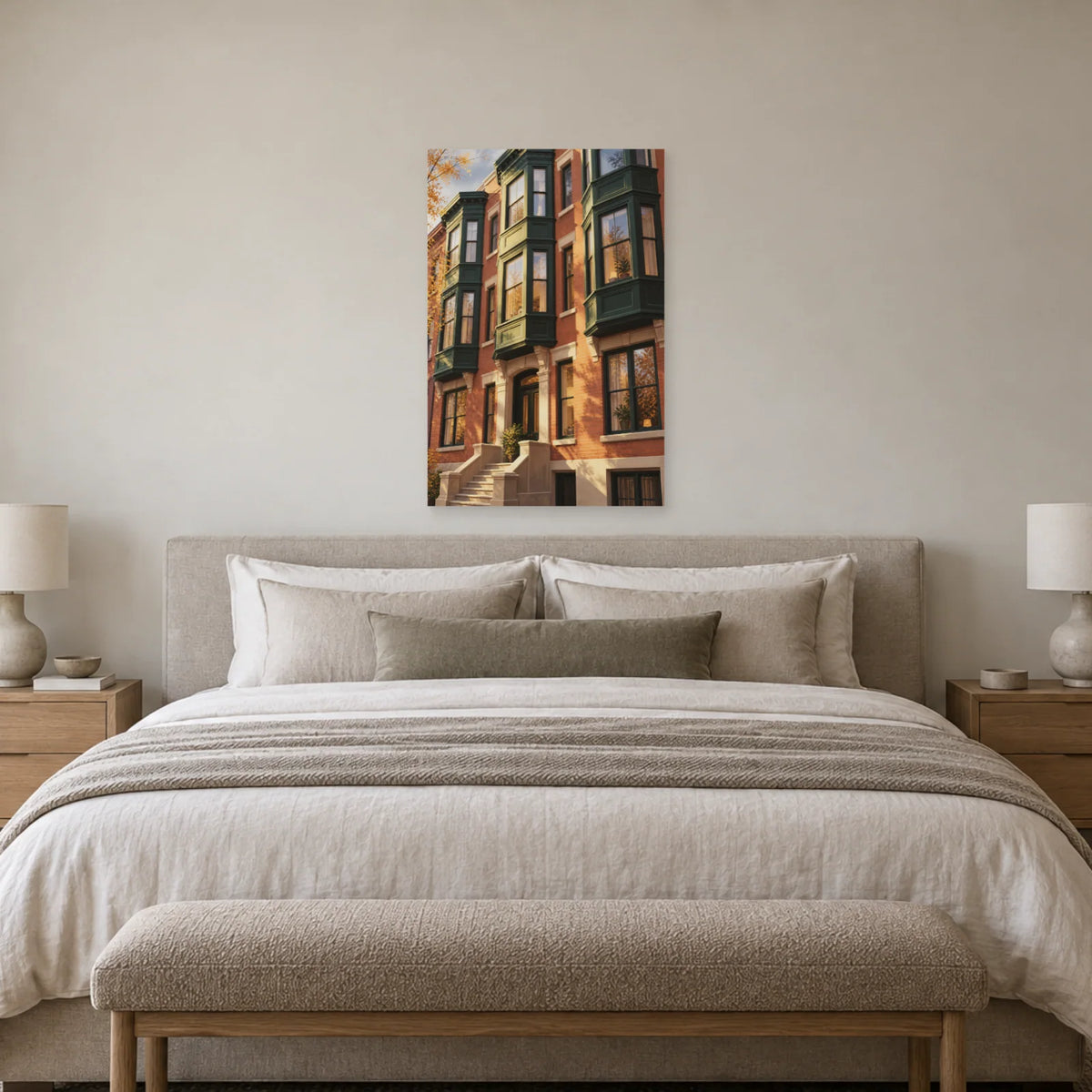 Affiche façade à bow-windows en brique dans une chambre - Art Virtuoso