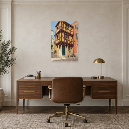 Affiche façade à colombages ocre dans un bureau - Art Virtuoso