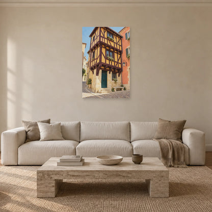 Affiche façade à colombages ocre dans un salon - Art Virtuoso