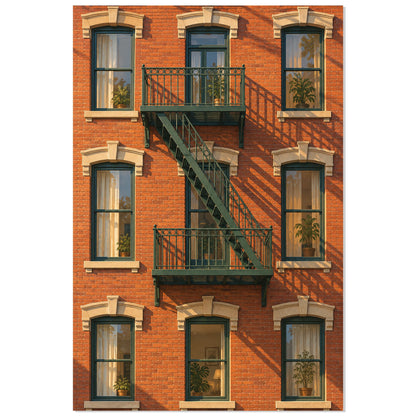 Affiche Façade en Brique – Escalier de Secours, illustration architecturale / rendu peint / création numérique verticale, format 60 × 90 cm
