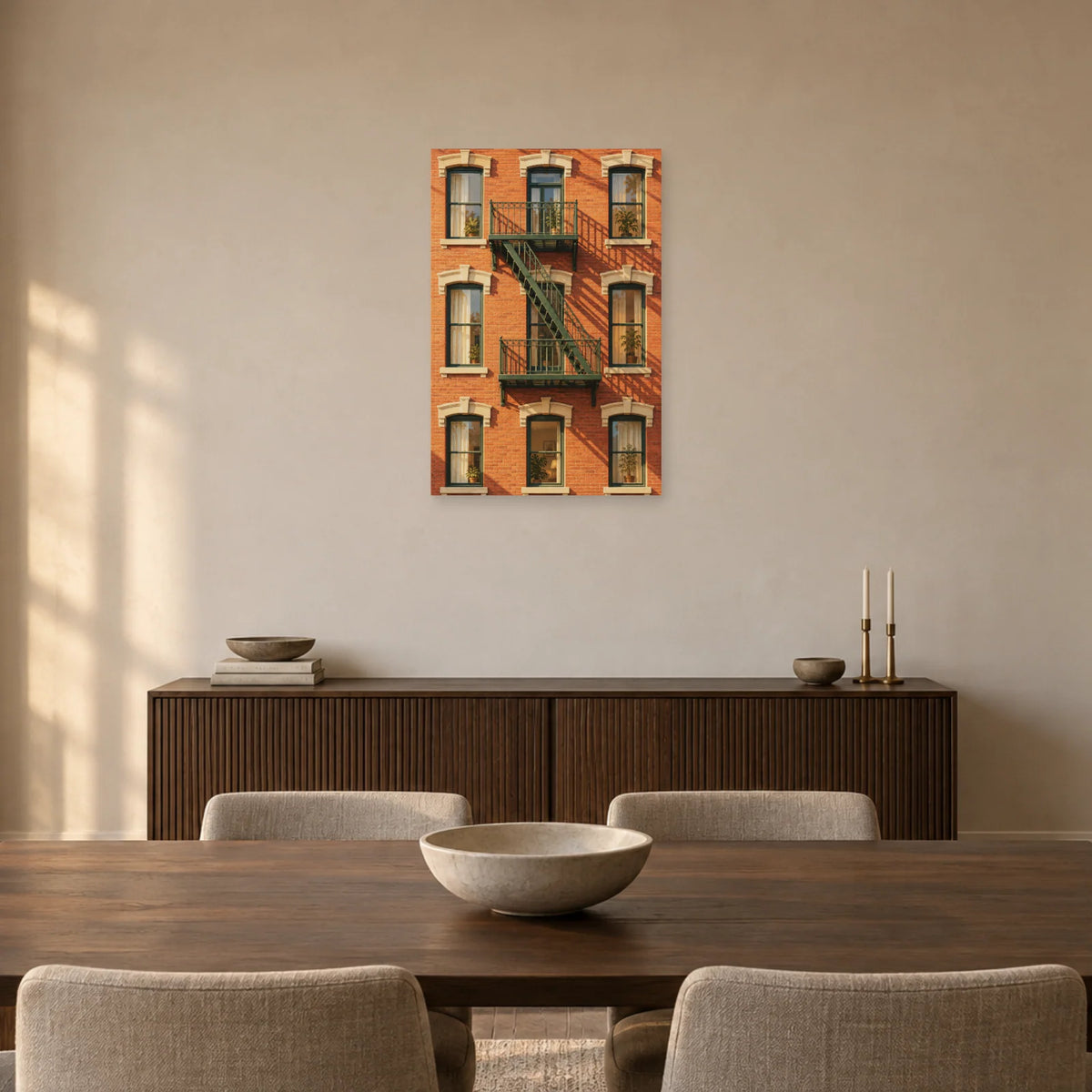 Affiche façade avec escalier de secours dans une salle à manger - Art Virtuoso