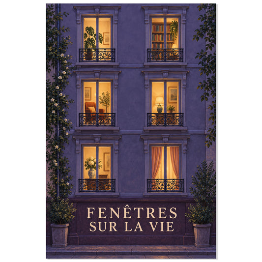 Affiche Fenêtres Éclairées – Façade de Nuit, illustration architecturale / rendu peint / création numérique verticale, format 30 × 45 cm