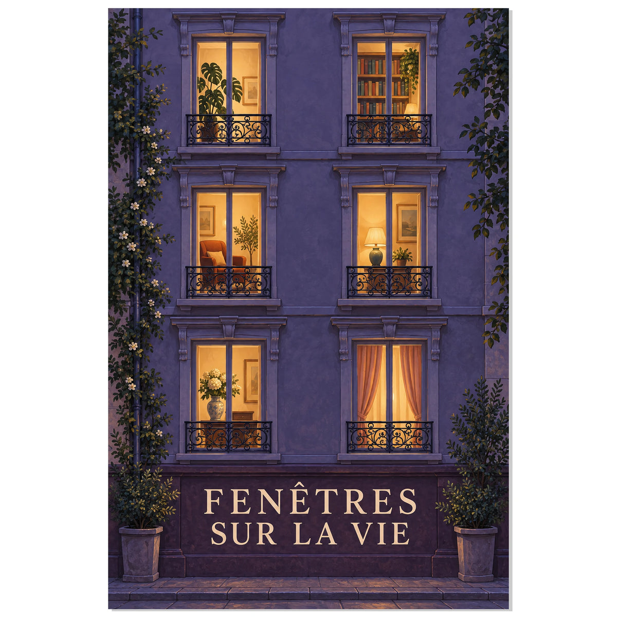Affiche Fenêtres Éclairées – Façade de Nuit, illustration architecturale / rendu peint / création numérique verticale, format 40 × 60 cm