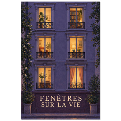 Affiche Fenêtres Éclairées – Façade de Nuit, illustration architecturale / rendu peint / création numérique verticale, format 60 × 90 cm