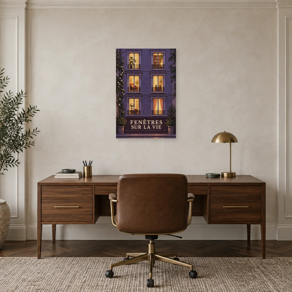 Affiche façade de nuit aux fenêtres vivantes dans un bureau - Art Virtuoso