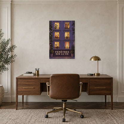 Affiche façade de nuit aux fenêtres vivantes dans un bureau - Art Virtuoso