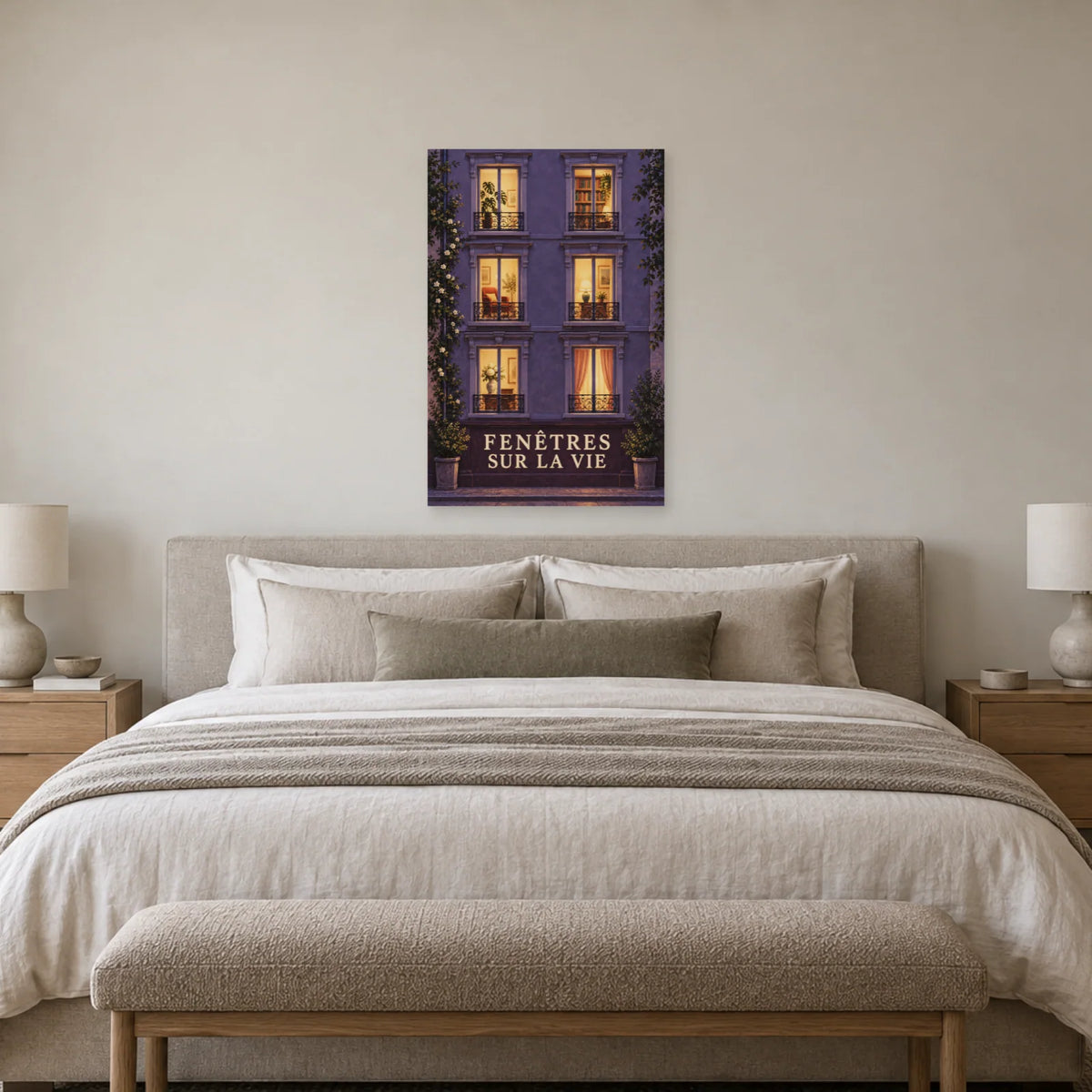 Affiche façade de nuit aux fenêtres vivantes dans une chambre - Art Virtuoso