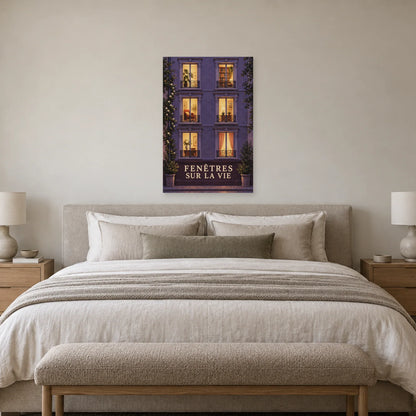 Affiche façade de nuit aux fenêtres vivantes dans une chambre - Art Virtuoso