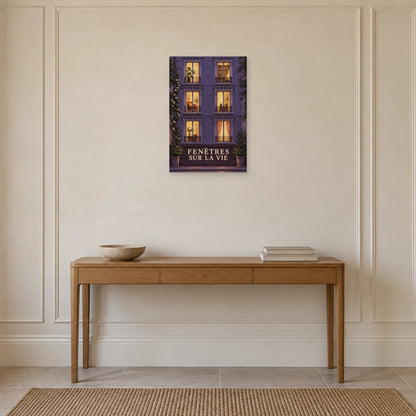 Affiche façade de nuit aux fenêtres vivantes dans une entrée ou un couloir - Art Virtuoso