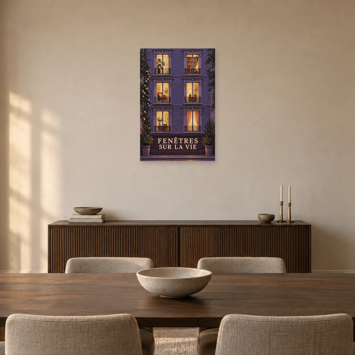 Affiche façade de nuit aux fenêtres vivantes dans une salle à manger - Art Virtuoso