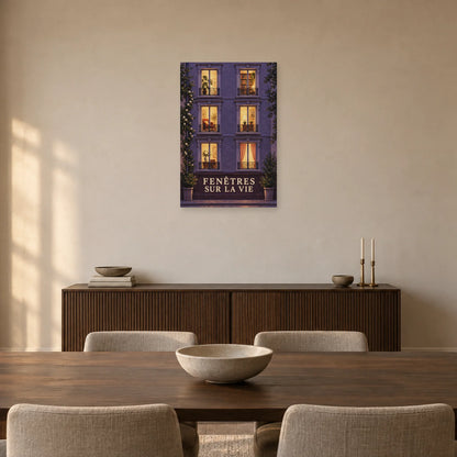 Affiche façade de nuit aux fenêtres vivantes dans une salle à manger - Art Virtuoso
