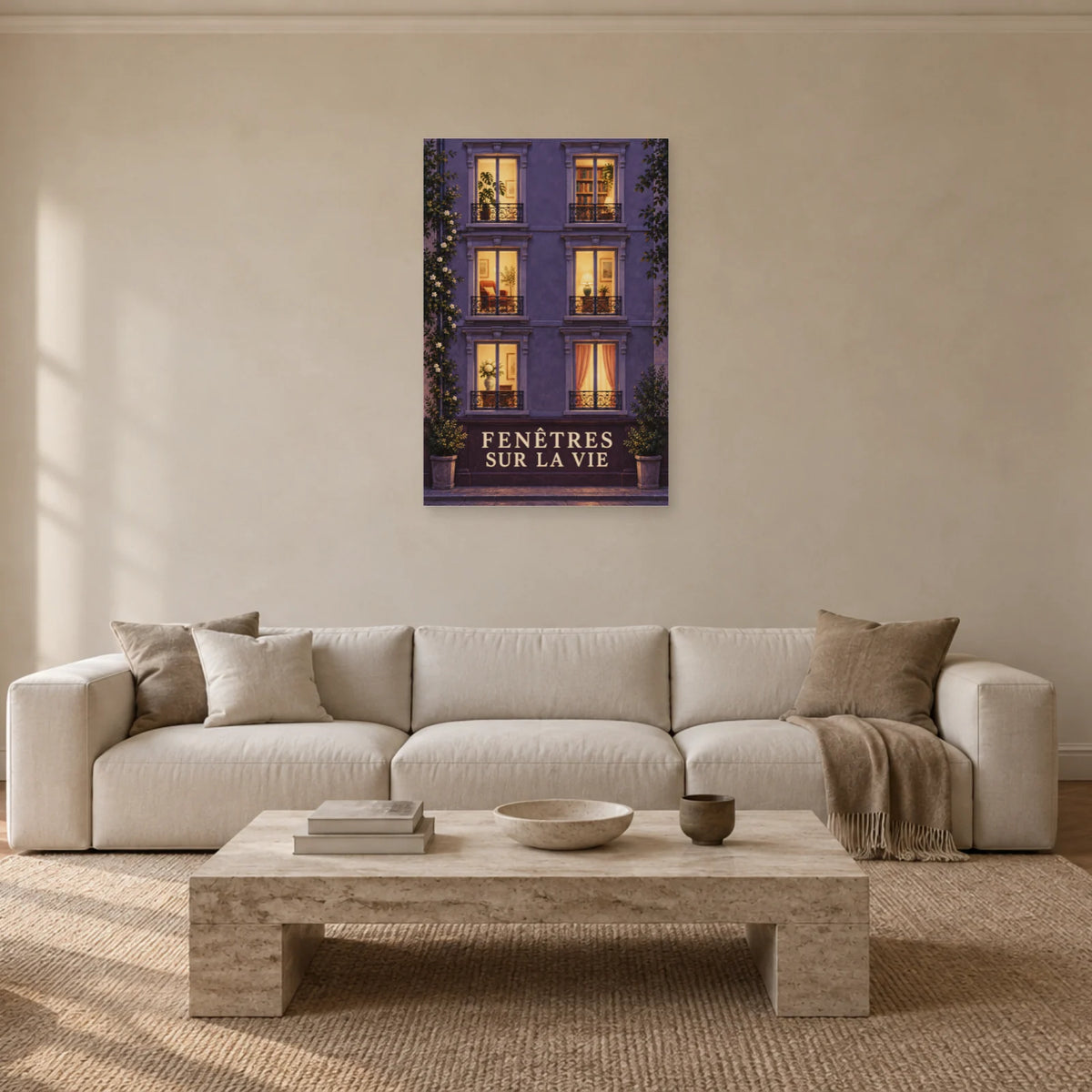 Affiche façade de nuit aux fenêtres vivantes dans un salon - Art Virtuoso