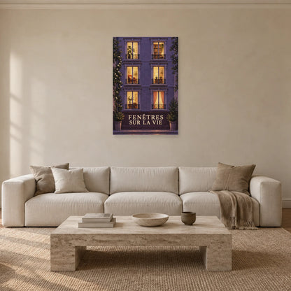 Affiche façade de nuit aux fenêtres vivantes dans un salon - Art Virtuoso