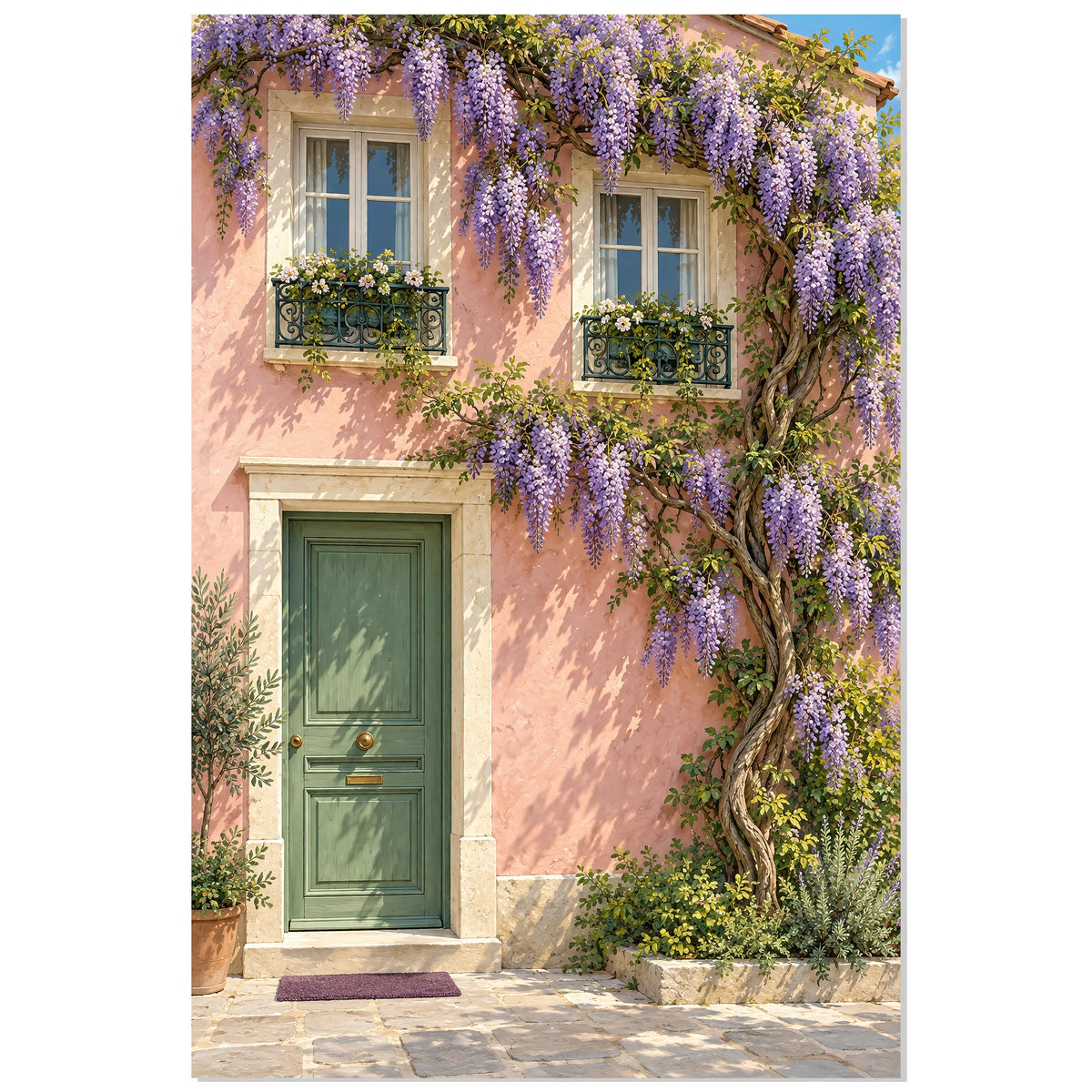 Affiche Façade Rose – Glycine Violette, illustration architecturale / rendu peint / création numérique verticale, format 30 × 45 cm
