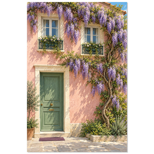 Affiche Façade Rose – Glycine Violette, illustration architecturale / rendu peint / création numérique verticale, format 30 × 45 cm