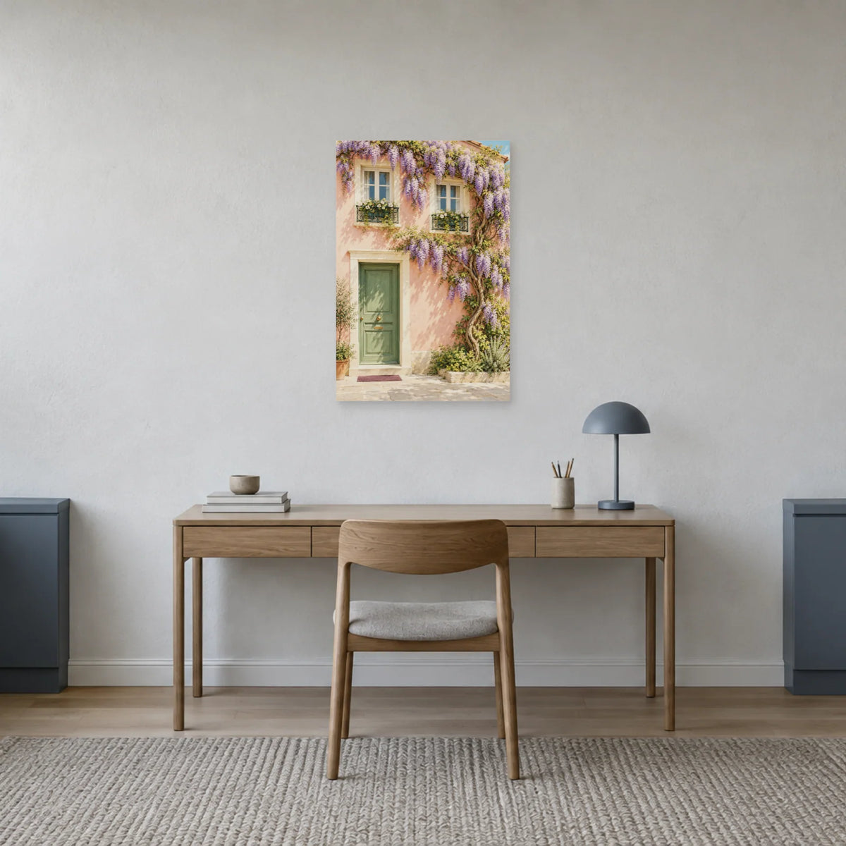 Affiche façade rose à la glycine dans un bureau - Art Virtuoso