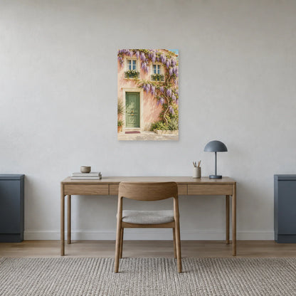 Affiche façade rose à la glycine dans un bureau - Art Virtuoso