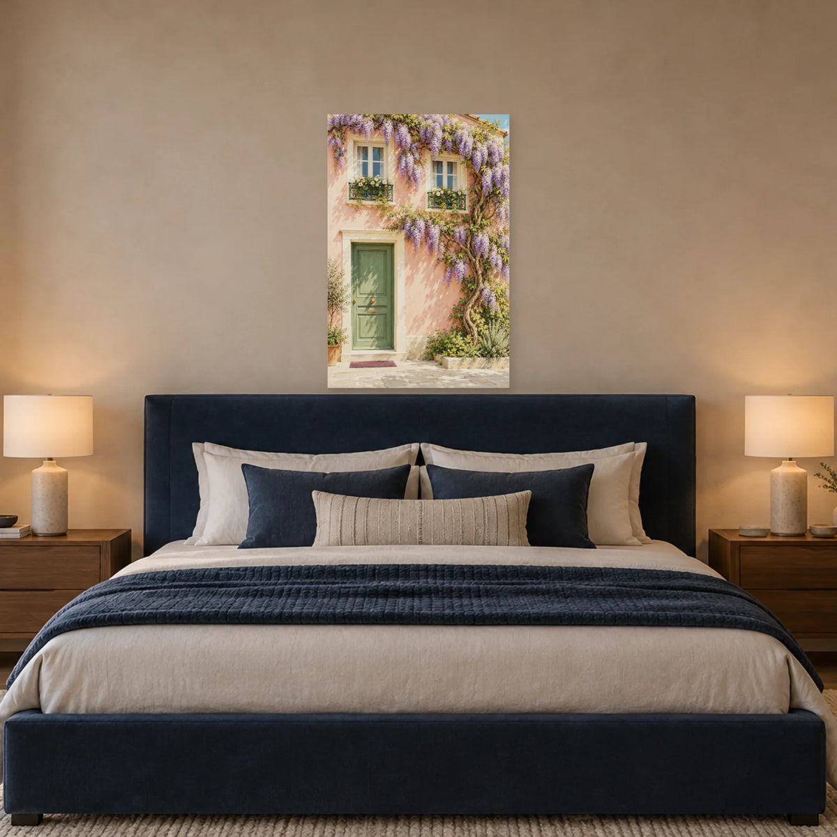 Affiche façade rose à la glycine dans une chambre - Art Virtuoso