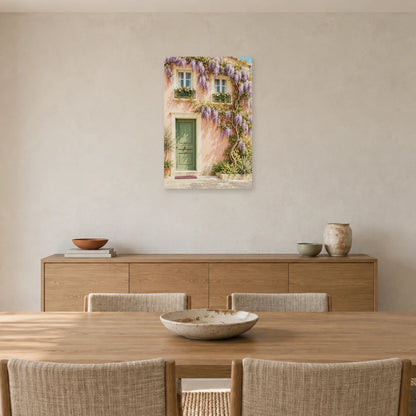 Affiche façade rose à la glycine dans une salle à manger - Art Virtuoso