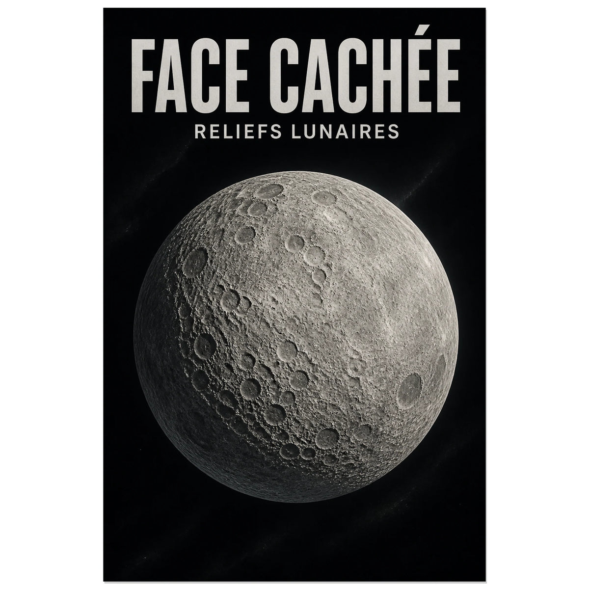 Affiche Face cachée – Reliefs lunaires, illustration scientifique monochrome réaliste verticale, format 30 × 45 cm