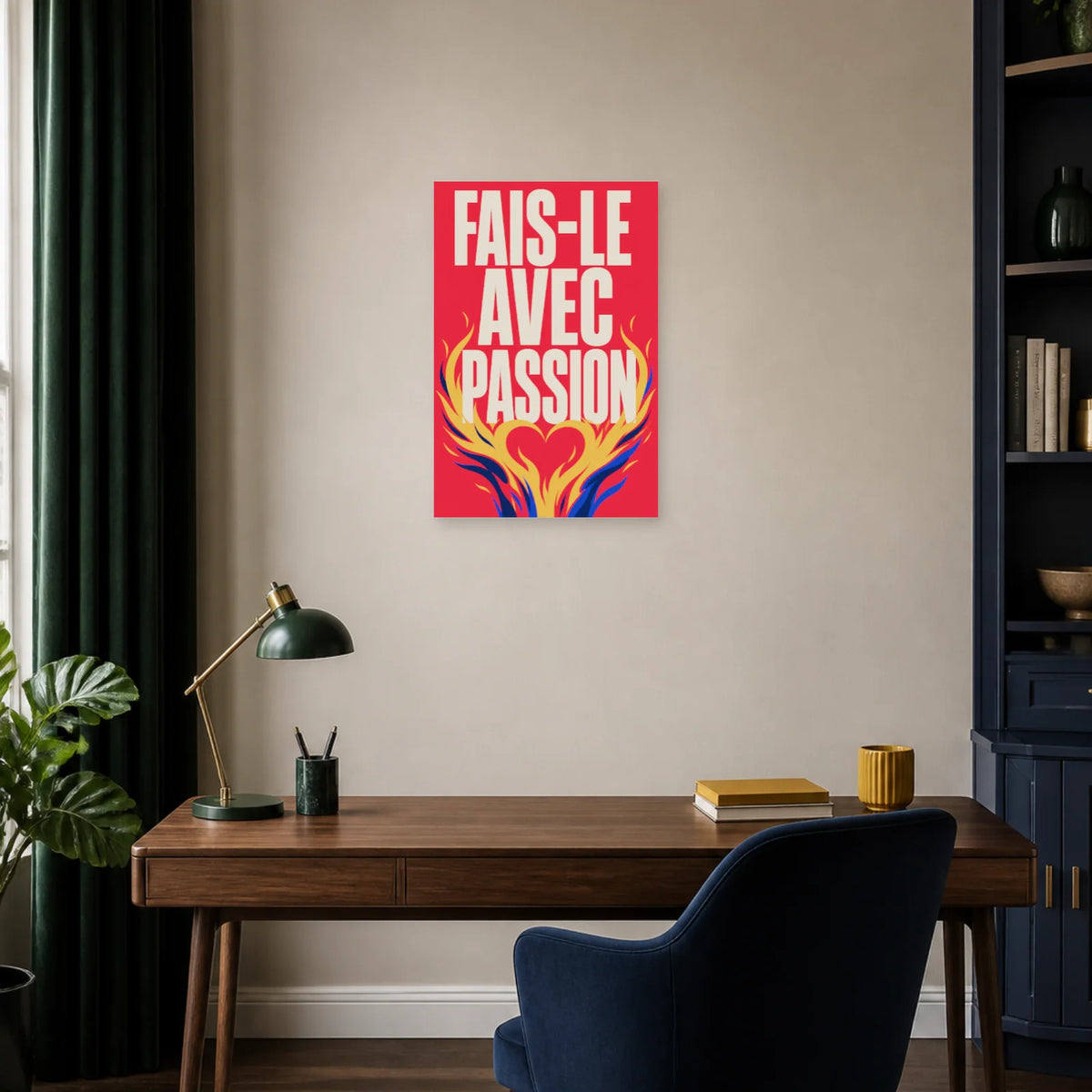 Affiche Fais-le avec passion – Cœur en flammes dans un bureau - Art Virtuoso