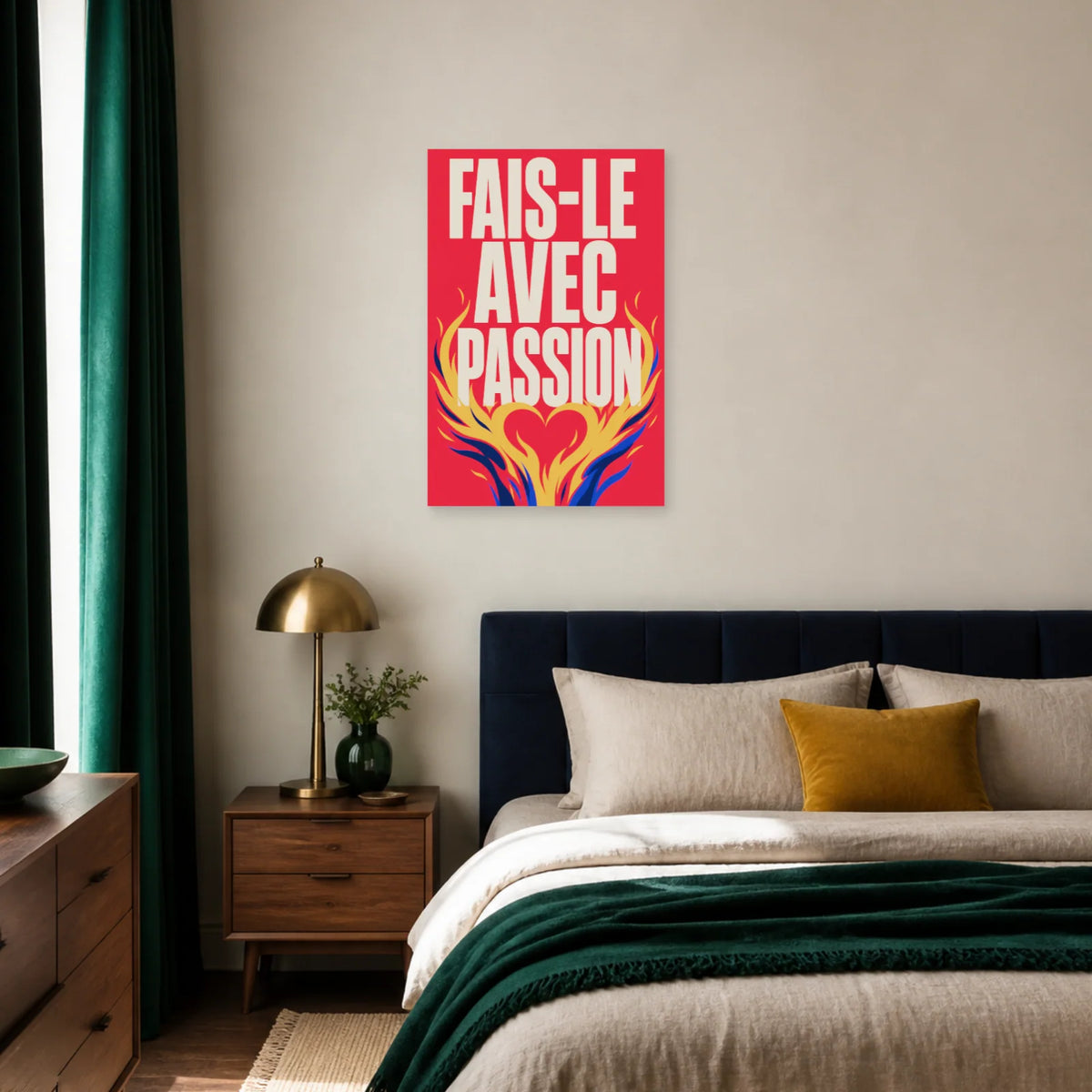 Affiche Fais-le avec passion – Cœur en flammes dans une chambre - Art Virtuoso