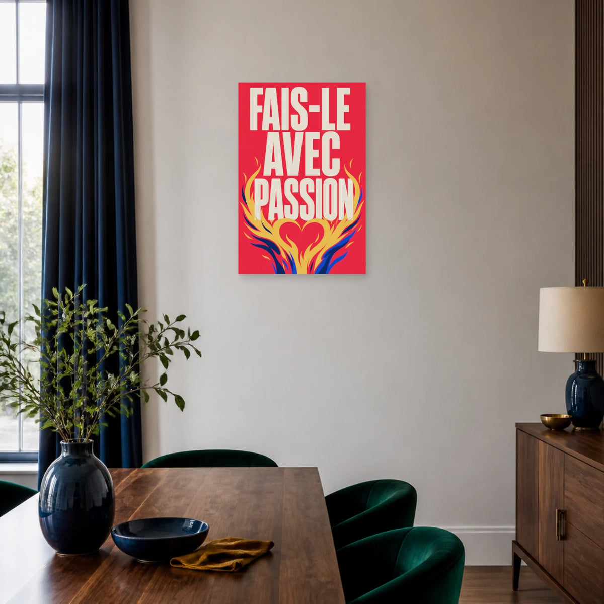 Affiche Fais-le avec passion – Cœur en flammes dans une salle à manger - Art Virtuoso