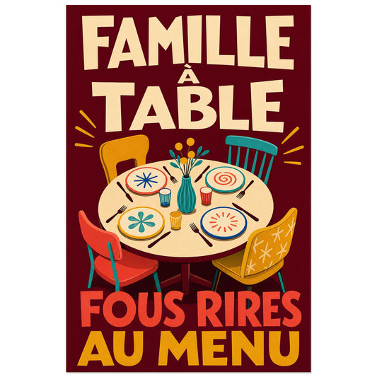Affiche Famille à table – Fous rires au menu, affiche mid-century familiale à scène de repas verticale, format 30 × 45 cm