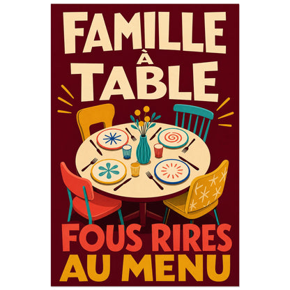 Affiche Famille à table – Fous rires au menu, affiche mid-century familiale à scène de repas verticale, format 40 × 60 cm
