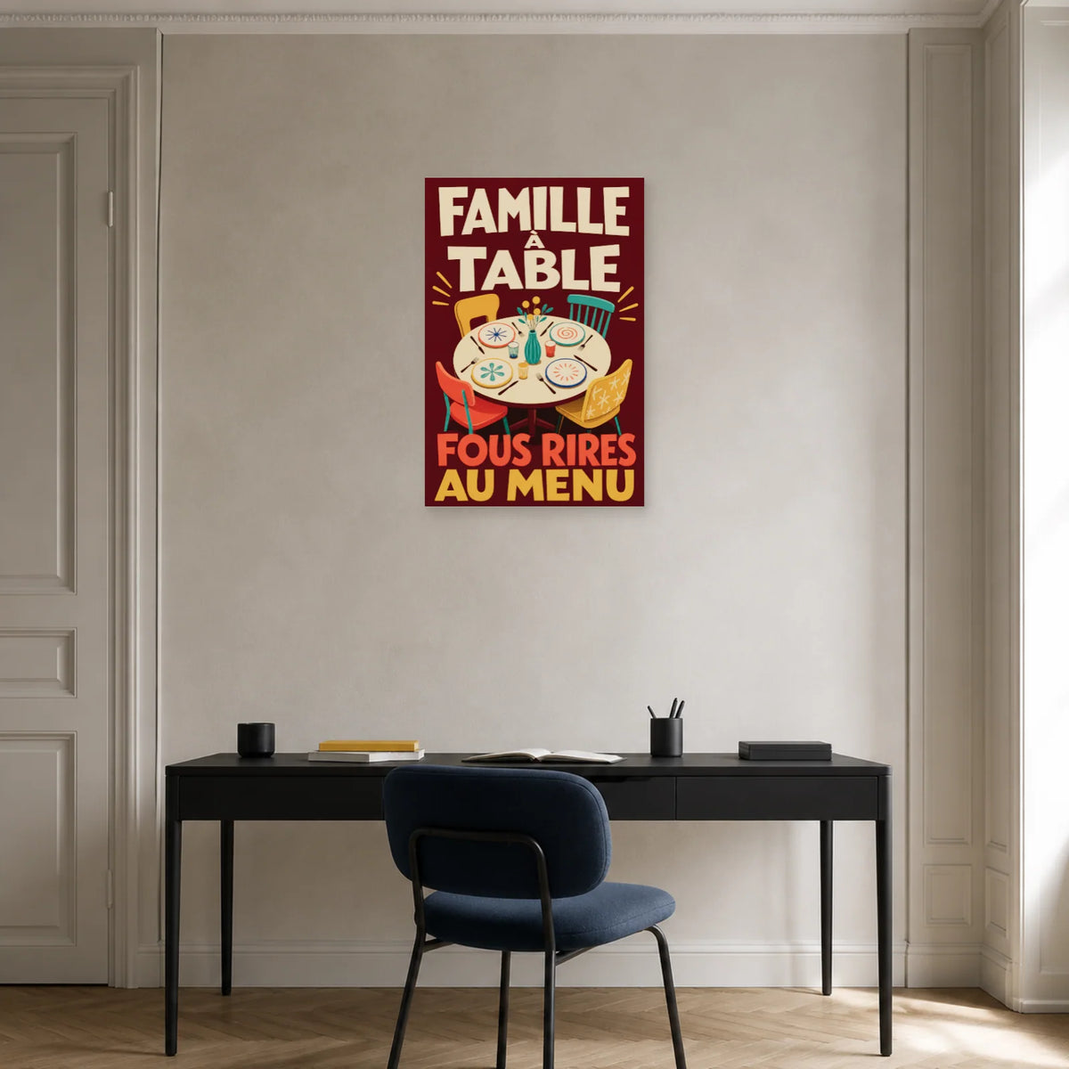 Affiche Famille à table – Fous rires au menu dans un bureau - Art Virtuoso