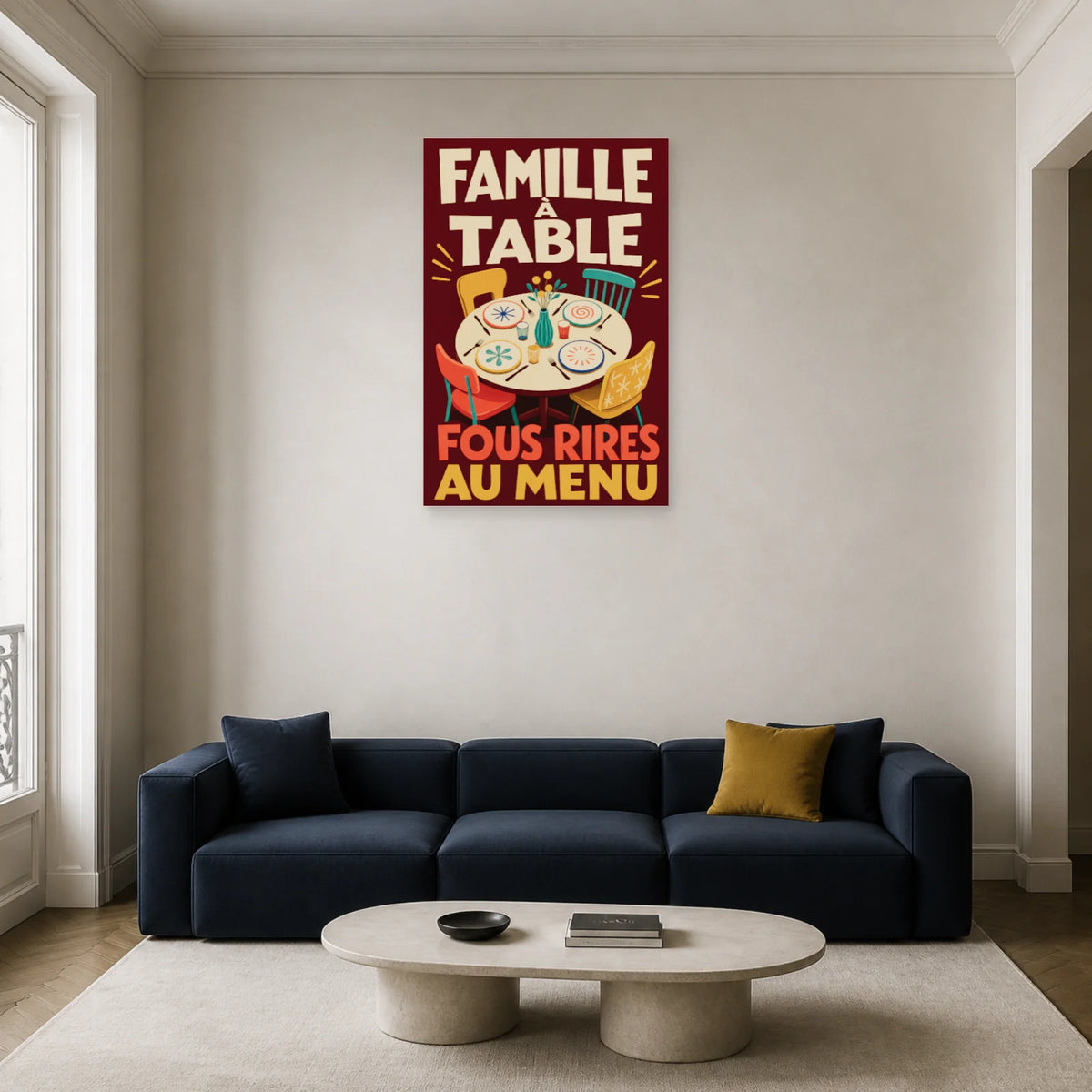 Affiche Famille à table – Fous rires au menu dans un salon - Art Virtuoso