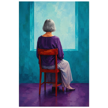 Woman on a red chair facing a pale window in a turquoise wall – poster