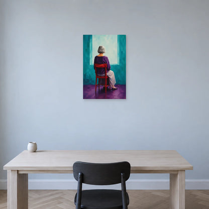 Grey-haired woman seen from behind on a red chair before a turquoise opening poster displayed above a pale wooden desk with a black chair against a light blue wall