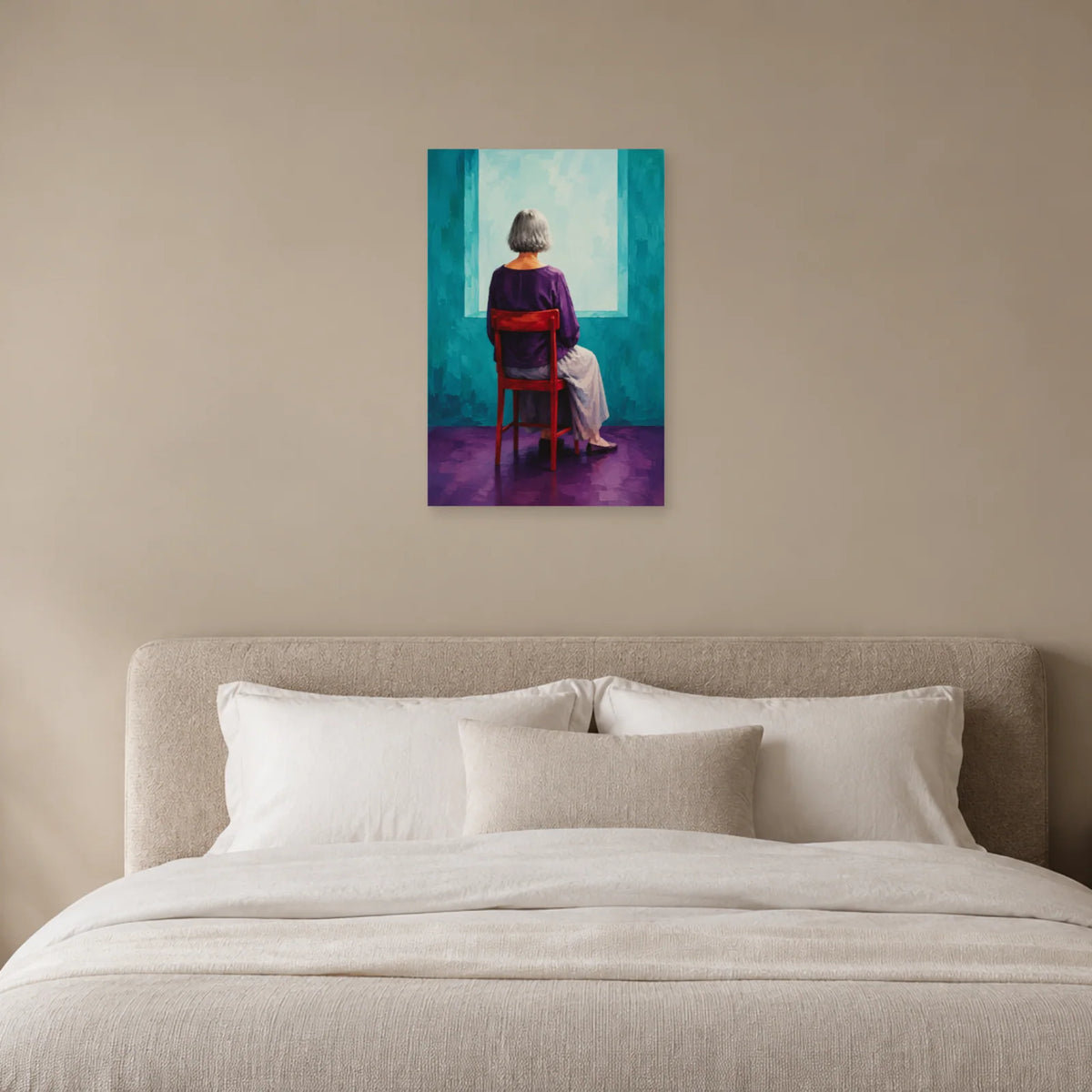 Grey-haired woman seen from behind on a red chair before a turquoise opening poster displayed above a bed with cream pillows and bedding