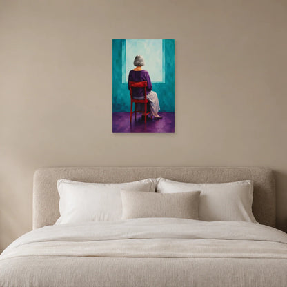 Grey-haired woman seen from behind on a red chair before a turquoise opening poster displayed above a bed with cream pillows and bedding
